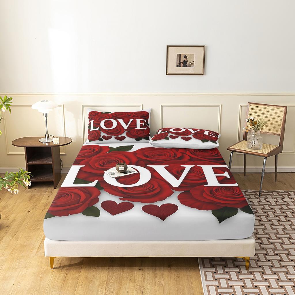 3pcs Valentine's Love Rose Day Applicable Love Letter Pattern Fitted Sheet Set, Bedding Set, Soft and Comfortable Fitted Sheet