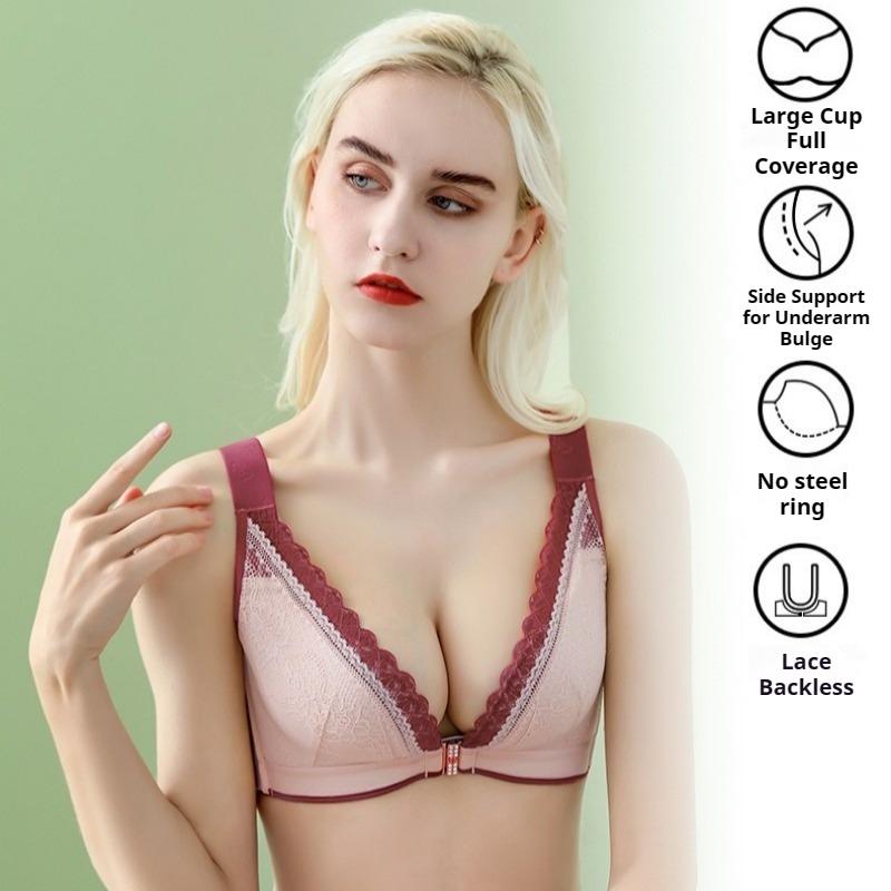 Sexy Lace-trimmed Front and Back Buckle Bra with Breathable Cups Plus Size Side Breasts Beautiful Back and Push-up No-rim Bra