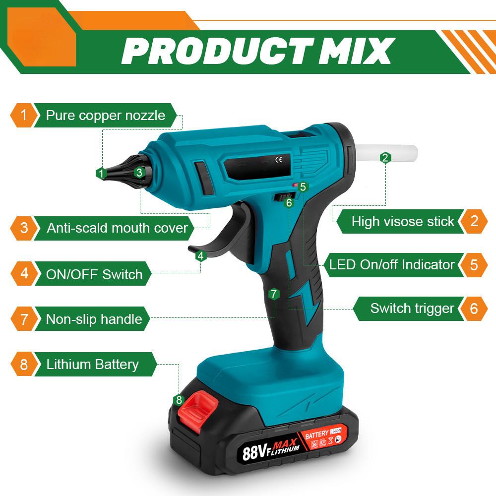 100W Cordless Electric Hot Melt Glue Gun 11mm Glue Stick Anti-scald Nozzle Rechargeable DIY Repair Tool