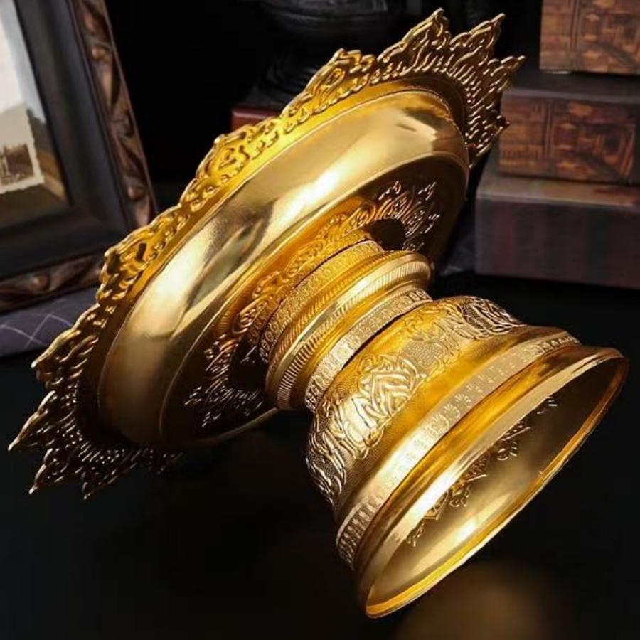 Buddhist-Style Fruit Tray,Alloy Auspicious Engraving Flower Shape Texture Home Cheese Food Plate,Altars Disc Table Decoration