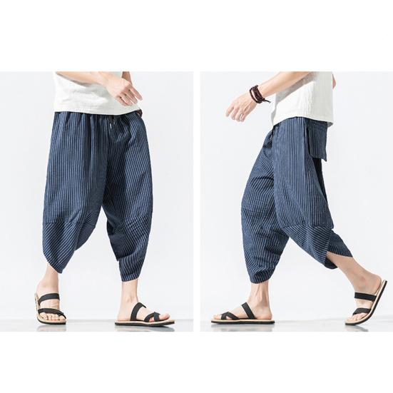 Pánské letní zkrácené kalhoty Elastická šňůrka v pase Mrkvové kalhoty Vertikální pruhovaný potisk Harémové kalhoty Streetwear