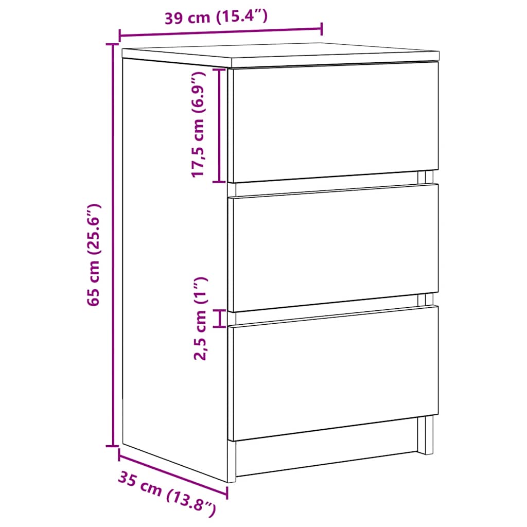 White Nightstand with 3 Drawers 39 x 35 x 65 cm