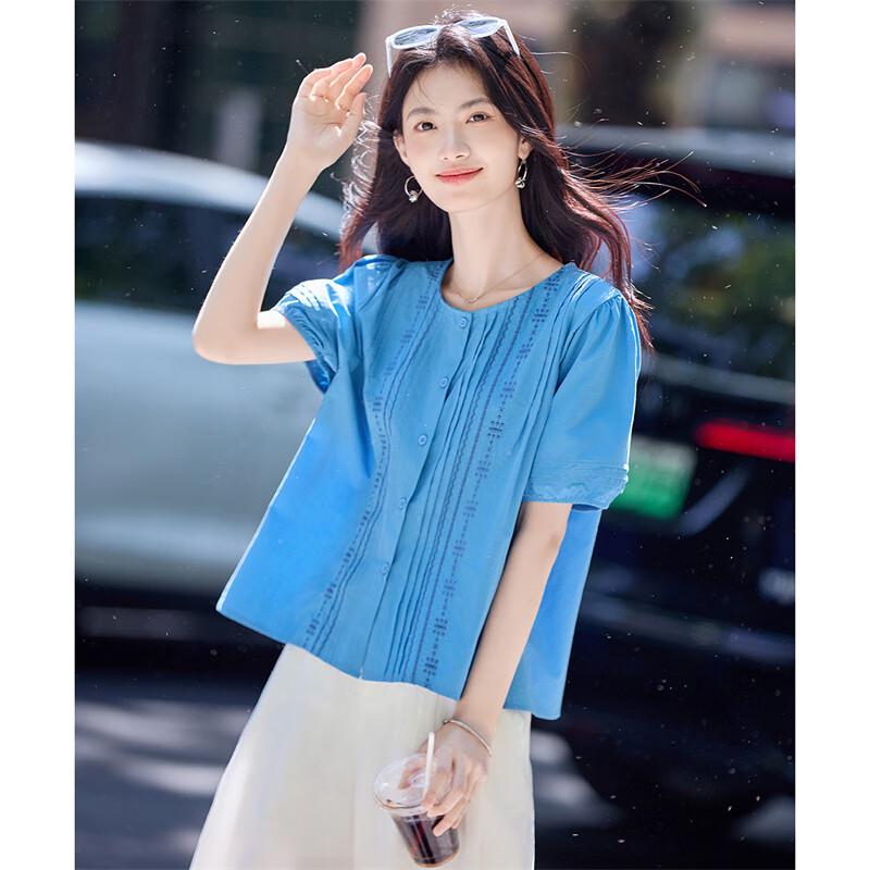Women's Pleated Embroidered Short Sleeve Blouse