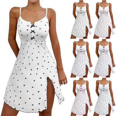 Dámská camisola na spaní s potiskem ve tvaru srdce, noční košile, domácí oblečení s rozparkem