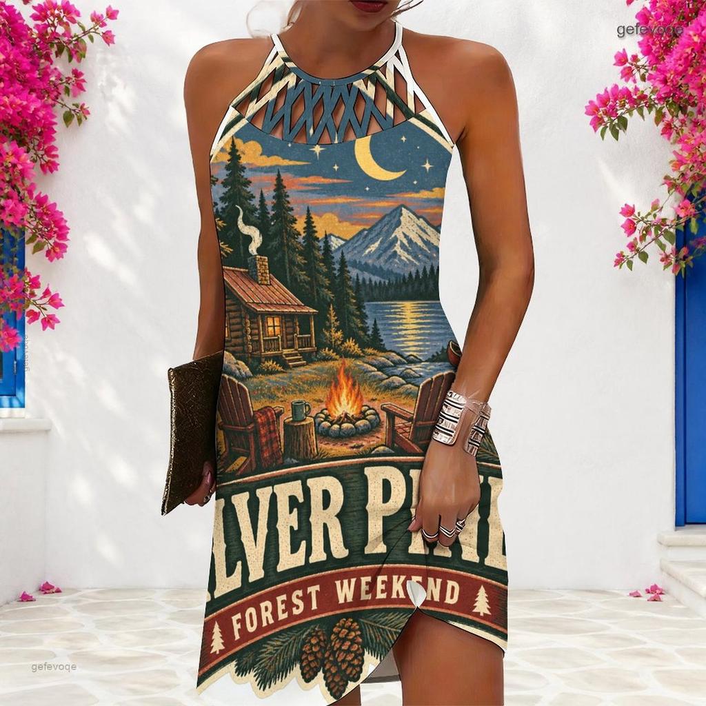 Women Plus Size Halter Criss Cross Cutout Sleeveless Printed Fitted Curved Hem Dress