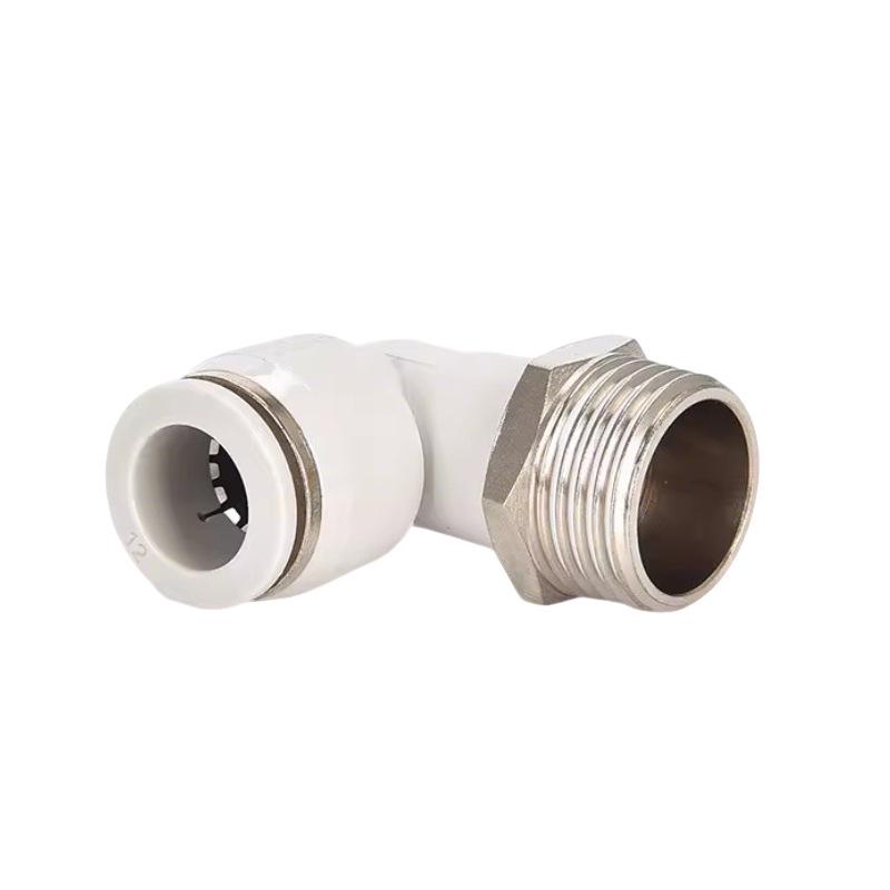 White Right Angle Quick Connect Elbow Fitting: PL4-M5, PL6-01, PL8-02, PL8-03, PL10-02, 12-04.