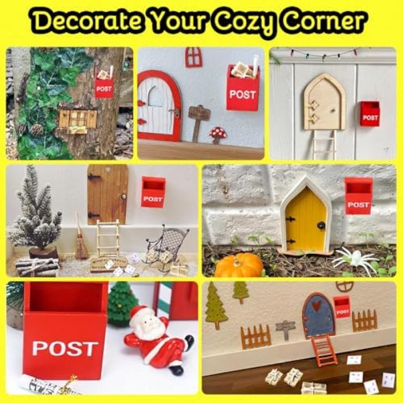 KEPKKU Christmas Elf Decor Accessories Set, 1:12 Scale Miniature Elf Mailbox/Newspaper/Envelopes, 9Pcs Mini Dollhouse Christmas Door Decor
