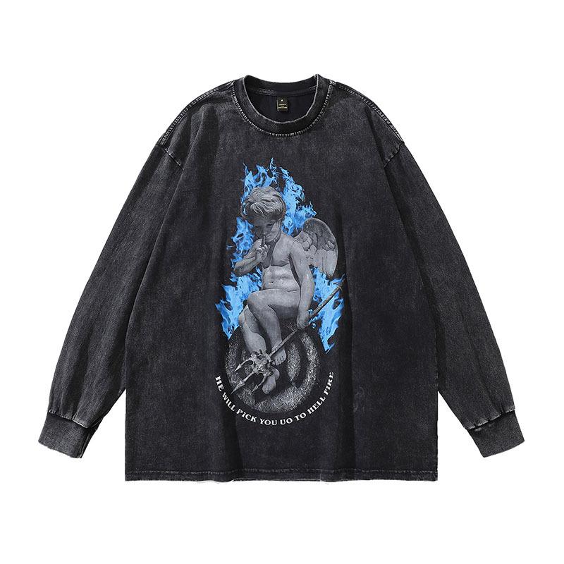European And American High Street Retro Angel Washed Long-Sleeved T-Shirt Men'S And Women'S Street Trendy Brand Old Versatile Bottoming Top