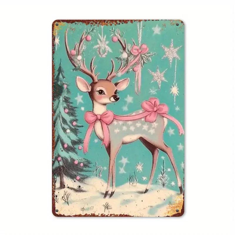 

Vintage Pink Santa & Deer Iron Sign for Outdoor Yards & Porches, Unique Holiday Gift 20x30cm（7.8x11.8inch）