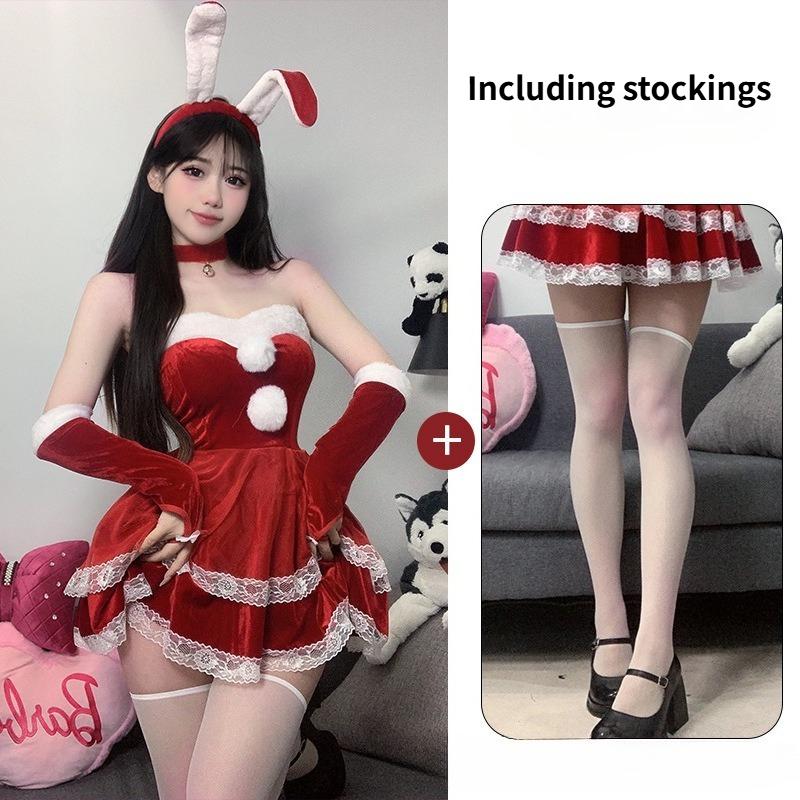 Sexy Lingerie New Velvet Strapless Lace Dress Sleeves Cute Bunny Girl Christmas Outfit Set Ball Cosplay Uniform Temptation