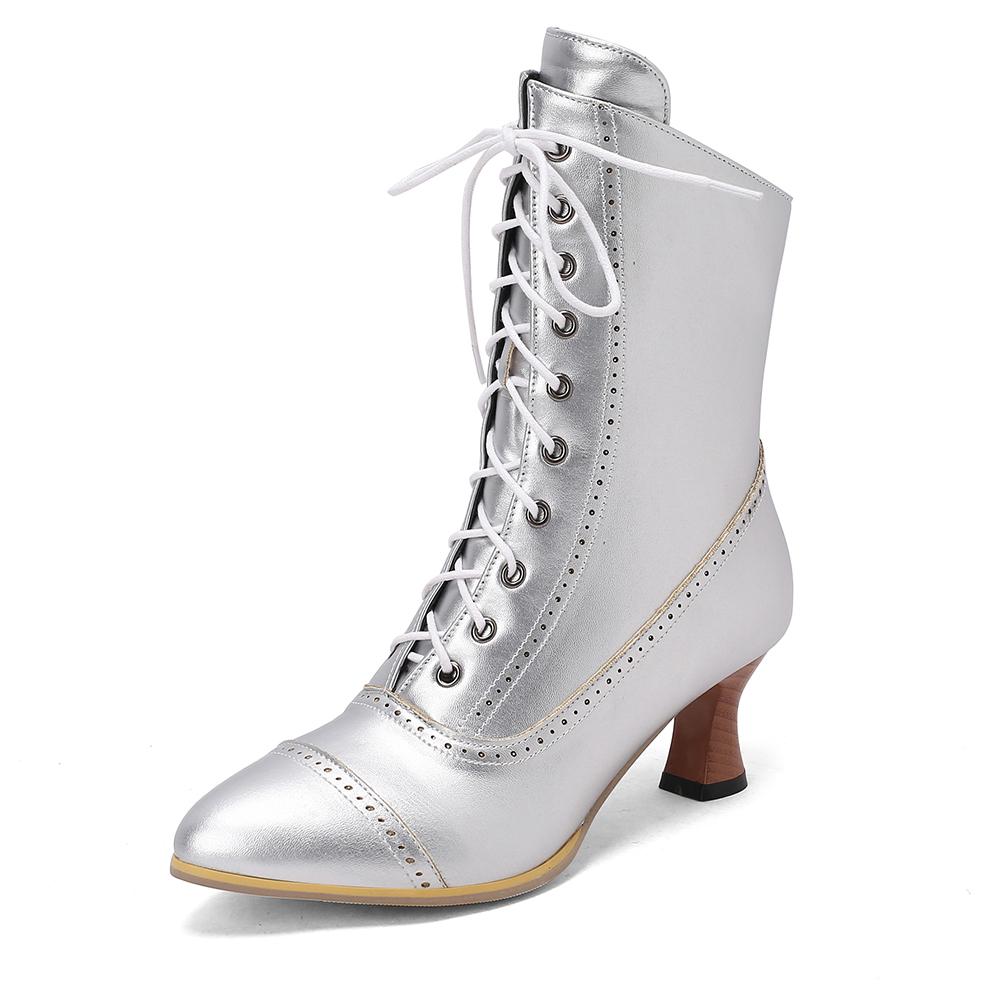Fashion 2025 New Lace Up Ladies High Heel Shoes Strange Steampunk Boot Victorian Ankle Boots Women Pointed Toe Thick Soled Short Boots