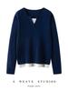 Dual-Layer Women's Color Block Cashmere Knit Base Layer - Round Neck Loose Fit Wool Top