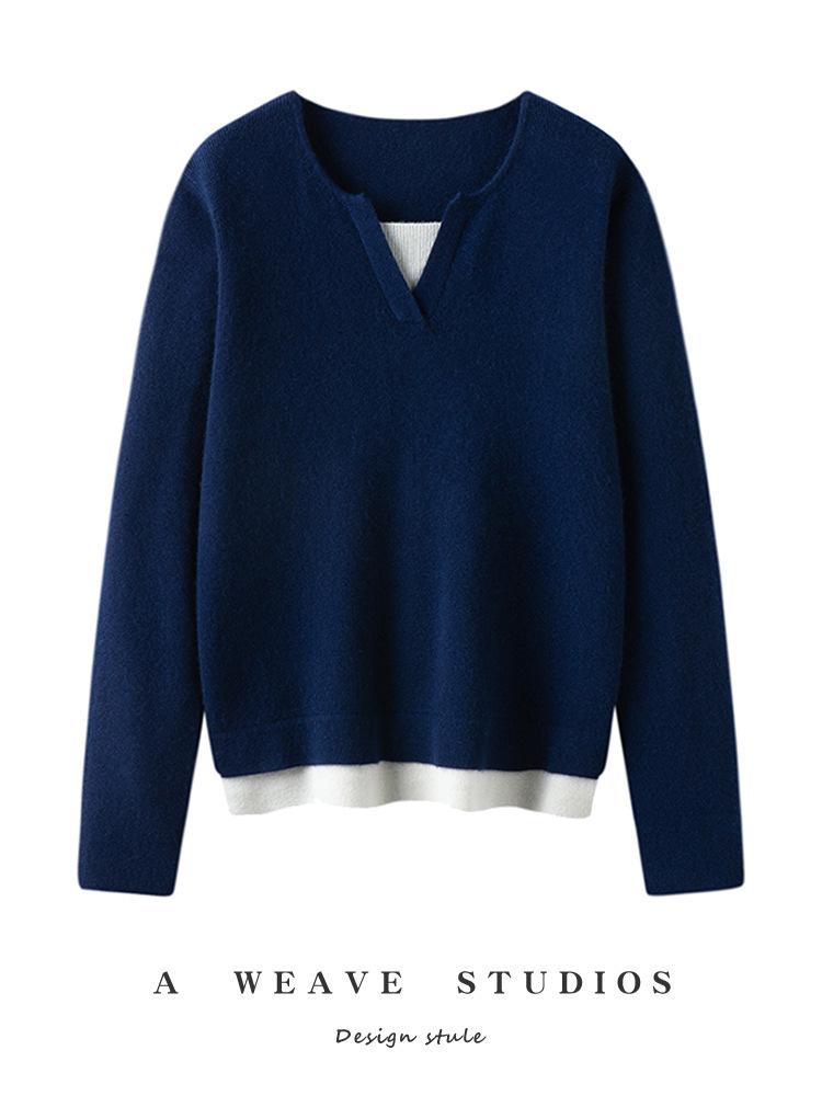 Dual-Layer Women's Color Block Cashmere Knit Base Layer - Round Neck Loose Fit Wool Top