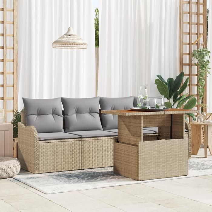 Set de canapé de jardin de 5 pièces avec coussins beige poly rotin, Canapé de jardin de 2 places avec rangement et coussins 3358128