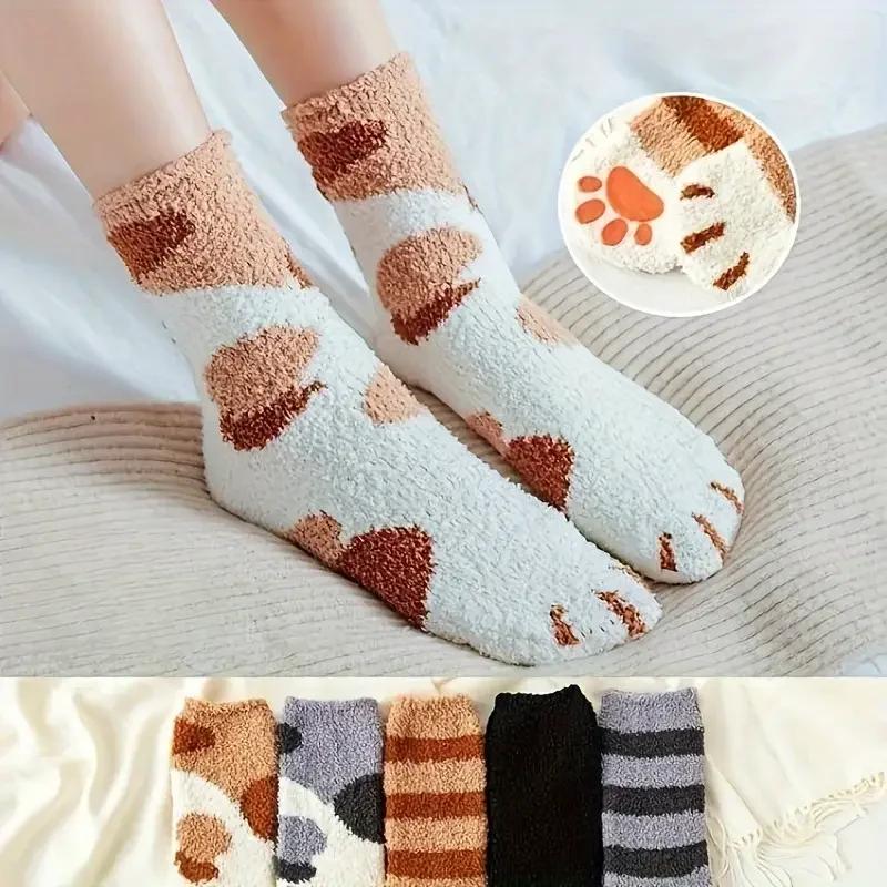 Winter Coral Fleece Socks Mid Calf Cute Cat Paw Design Thickened Warm Sleep Socks for Women Girls Indoor Cold Weather Wear