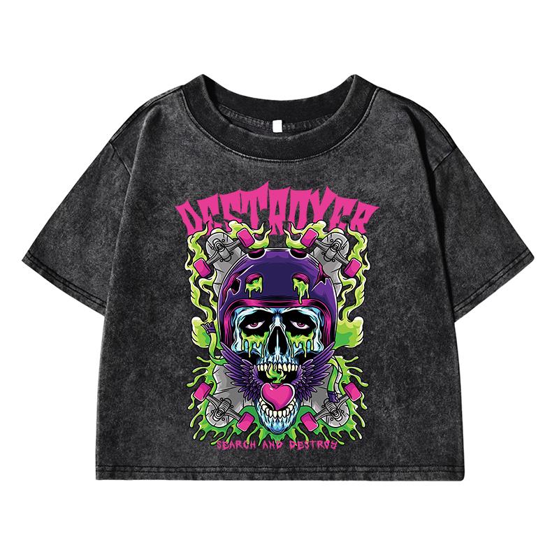 

Cartoon Funny Printing Female Washed Short T Shirts Hip Hop Breathable T-Shirt Street Clothes Fashion Distress Tshirts M