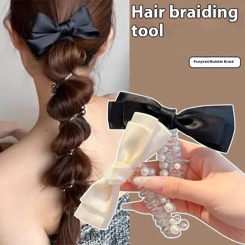 Bowknot Hair Ties Elegant Ponytail Holder Accessories Braided Telephone Wire Hair Ties Pearl Elastic Spiral Hair Bands For Women