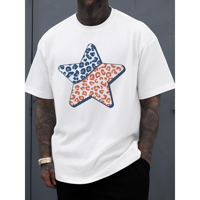 European Size Men's White T-Shirt with Leopard Star Graphic Print - Breathable Round Neck Short Sleeve Casual Shirt Suitable for Gym, Training