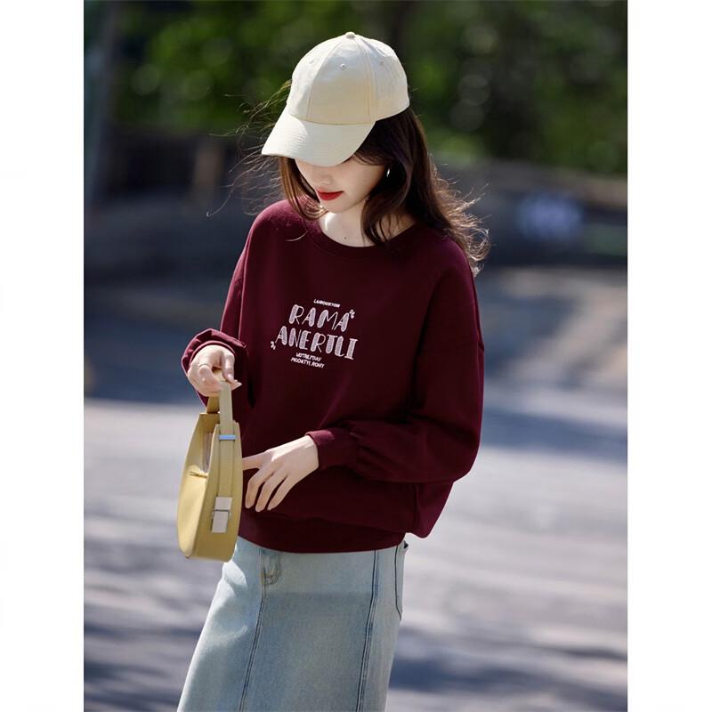 Women s Letter Embroidered Round Neck Sweatshirt One Size