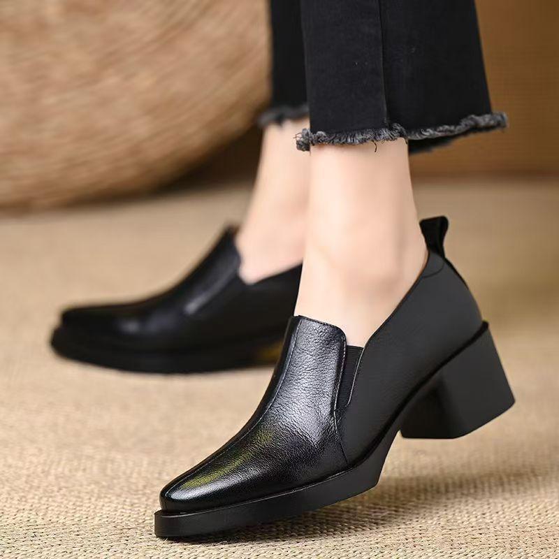 Women Leather Block Heel Slip On Nude Shoes Spring Autumn New Thick Sole Versatile British Style High Heel Commuter Shoes