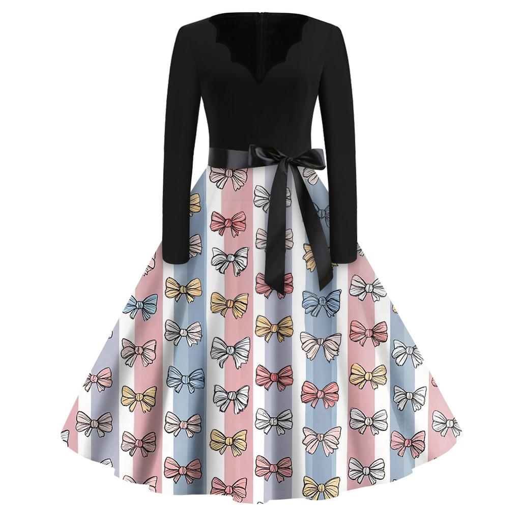 Druck Flared Kleid Für Frauen Langarmkleid Hohl Party Freizeitkleider