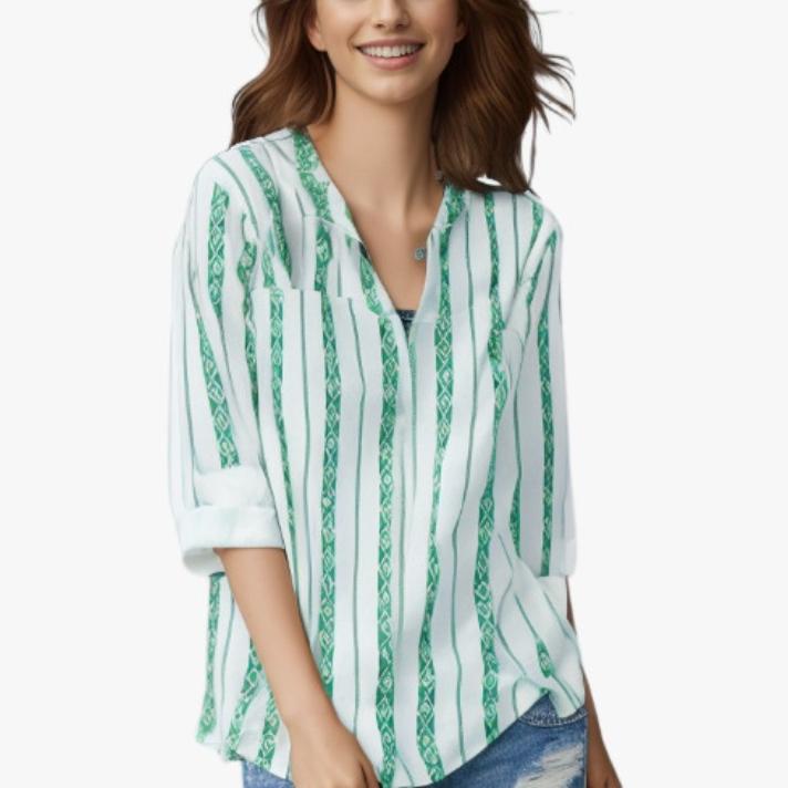 Spring and Autumn Women's Plus Size Striped Printed Button Shirt Loose Long Sleeve Top