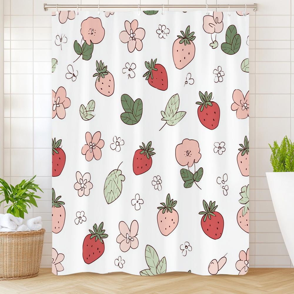 Small Fresh Fruit Strawberries Printed Shower Curtain Bathroom Curtain,Hanging Curtain With 12 Hooks Decoration Machine Washable