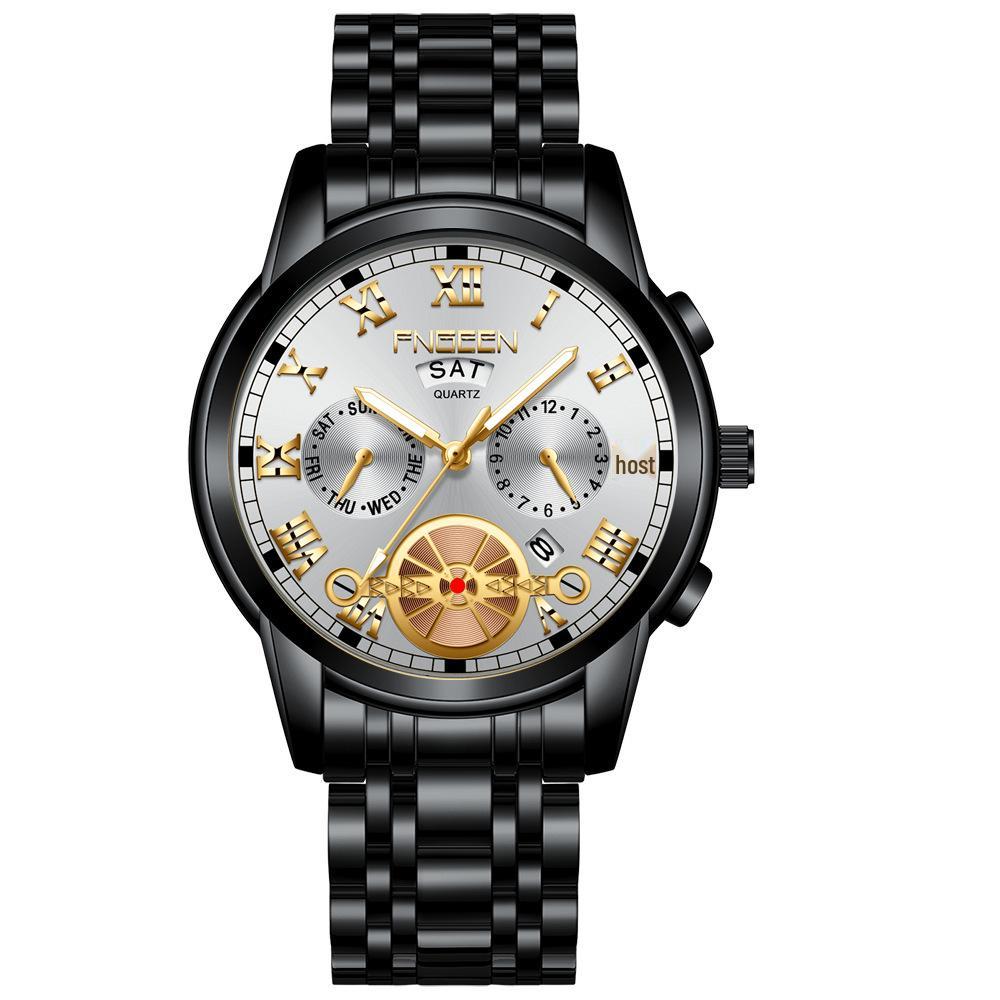 Orologio da uomo FenZun con Tourbillon Volante Nero e Cinturino in Acciaio con Diamanti Neri
