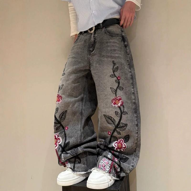 Jeans en Denim Coupe Droite Brodés Fleurs de Cerisier Style Street Gothique Unisexe Vêtement Décontracté Jeune