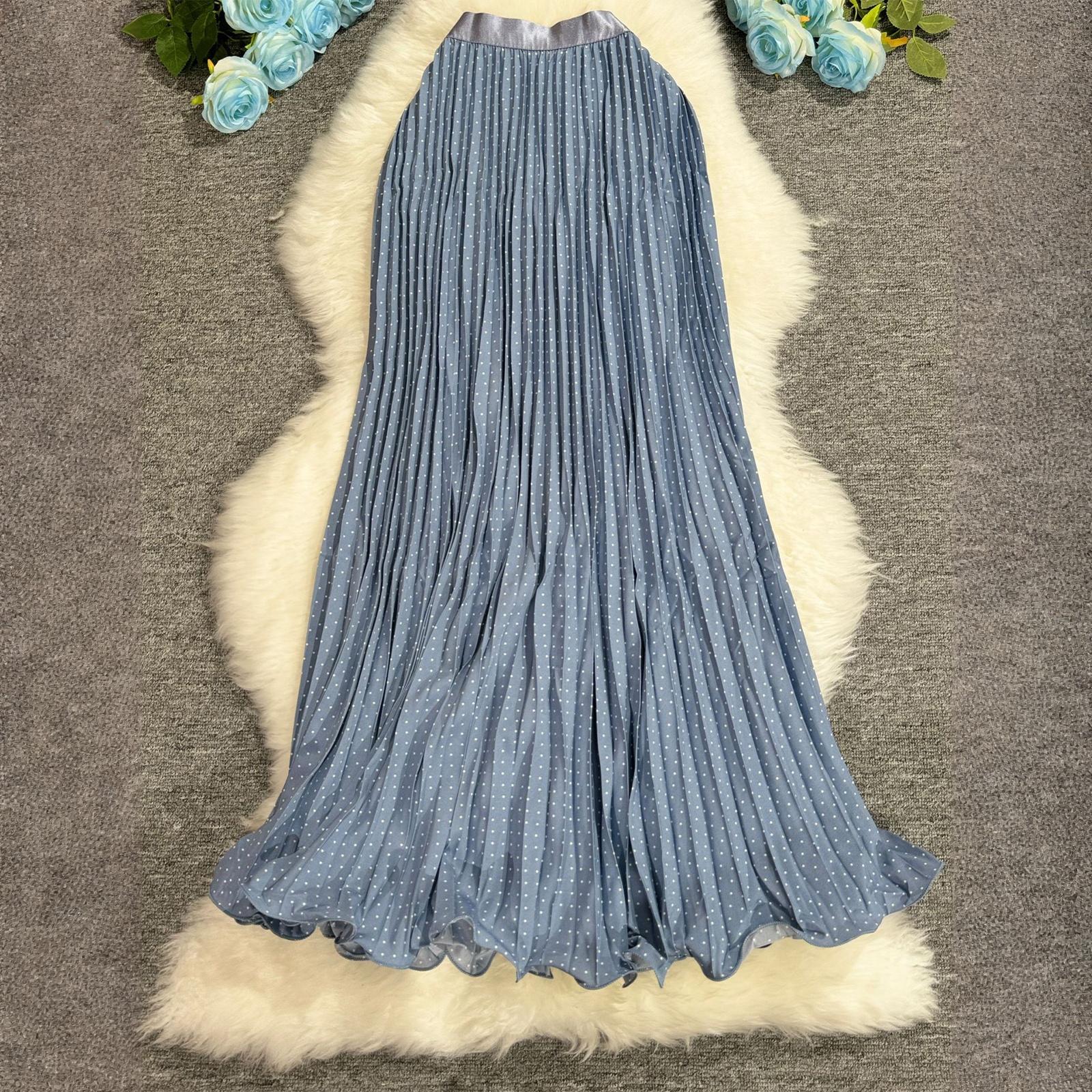 Pleated Midi Skirts for Women Long Elastic High Waisted Chiffon Skirt Flowy Glitter Lined Skirt One Size синий