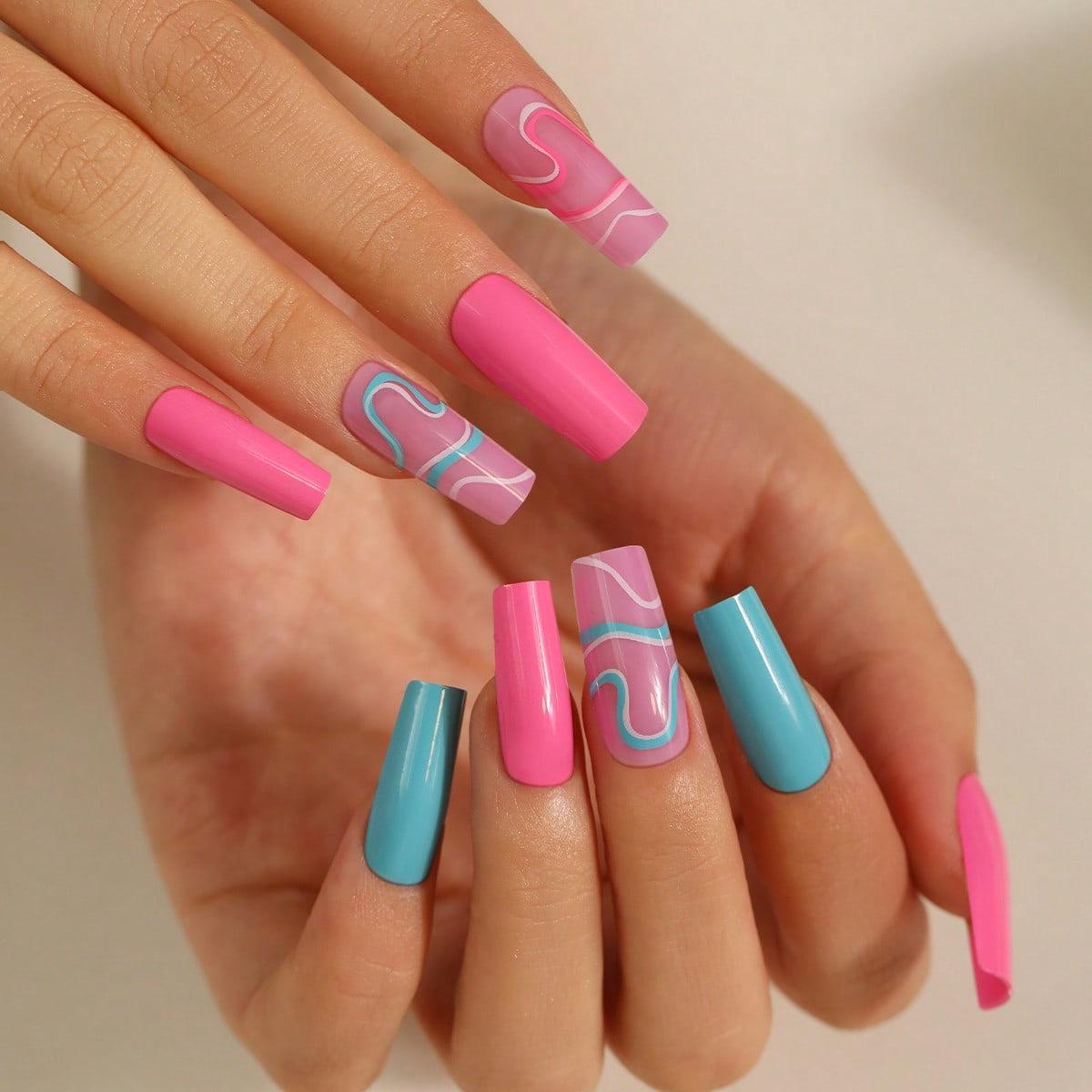 

Handmade Long Stiletto Press-On Nails with Flower Pattern Design