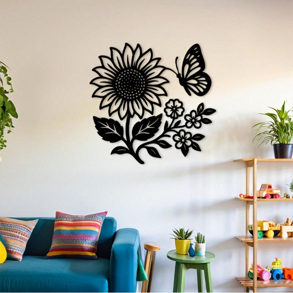 Metal Wall Art Sunflower Butterfly Iron Plaque Rope Hook Home Garden Decor