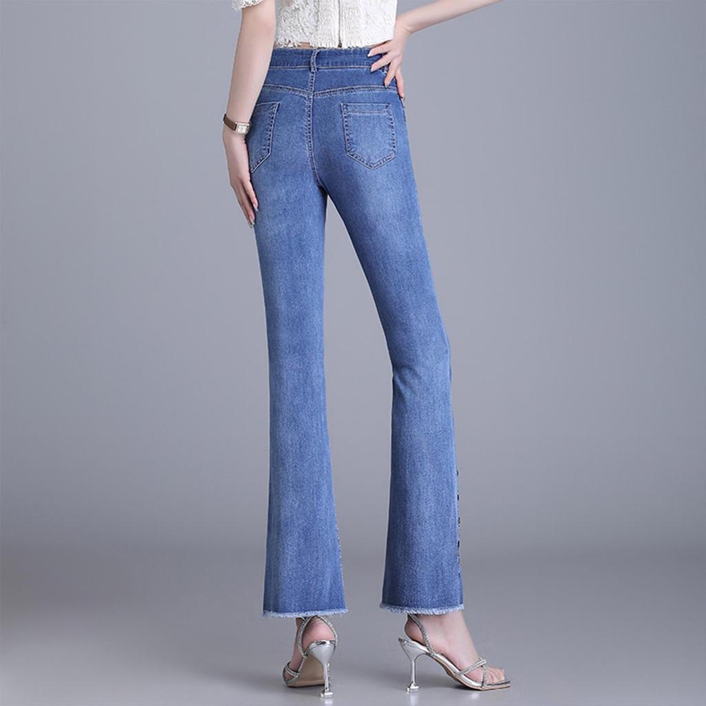 2025 Women's Slimming High-Waisted Micro-Flared Jeans with Slit and Raw Edge Detail for Spring