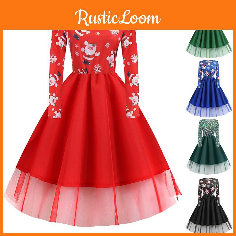 Stylish Women's Christmas Costume Midi Dress With Charming Santa Bow And Elegant A-line Design