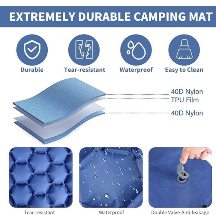 Camping Sleeping Pad / Inflatable Air Mattress Pad with Built-in Pillow & Foot Pump Ultralight Sleeping Air Mattress