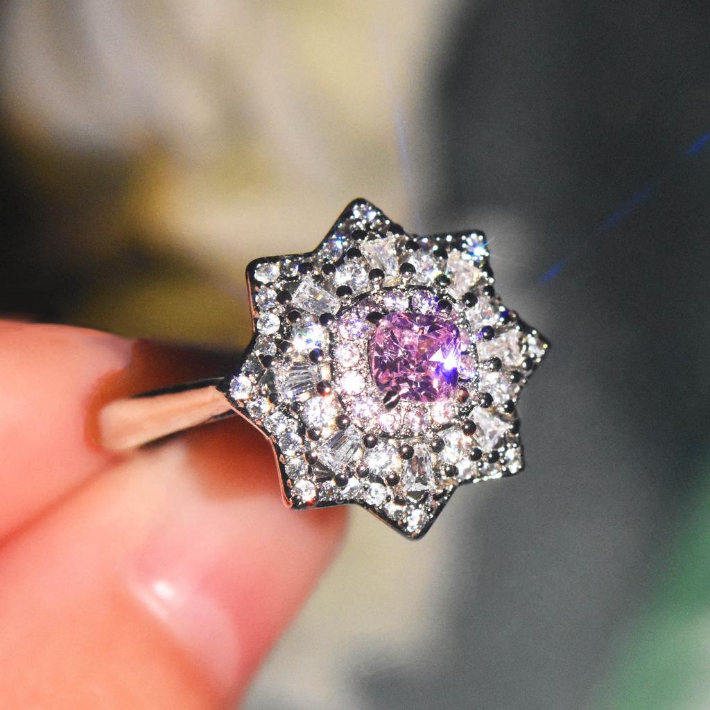 925 Silver Imitation Natural Argyle Pink Diamond Ring Luxury Full Inlaid Princess Zircon Female Ring Party Birthday Jewelry Gift
