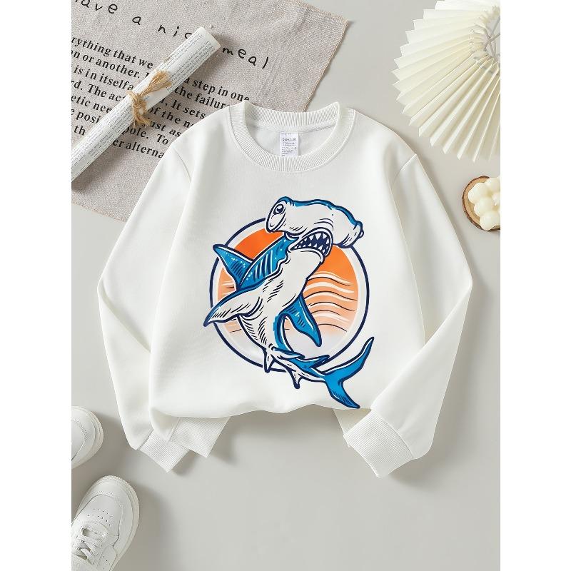 Shark Attack Ocean Wave Design Girls' Crew Neck Fashion Sweatshirt, Autumn and Winter Western Style Top, Children's Long Sleeved T-shirt