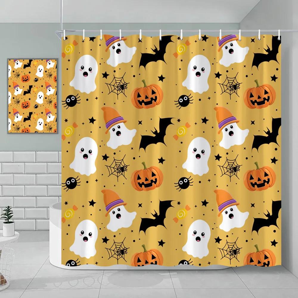 Unframed Halloween Shower Curtain Autumn Pumpkin Farm Cars Maple Leaf Bat Castle Witch Ghost Skeleton Bathroom Decorative Shower