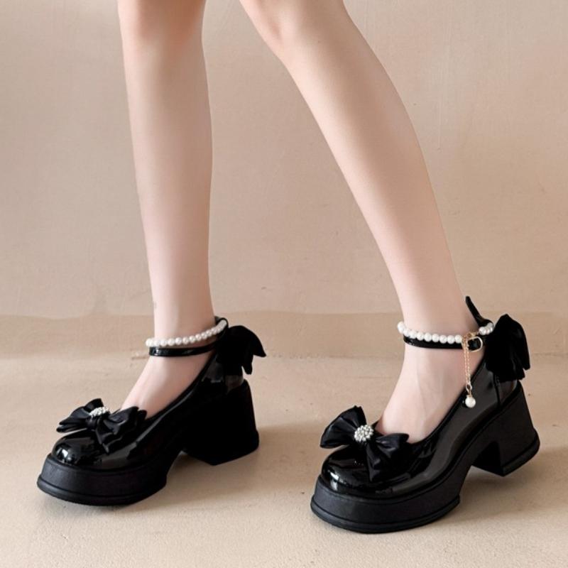 Bow Beaded Women High Heels Shoes Marie Janes Chunky Sandals Designer 2025 Summer Lolita Dress Party New Woman Pumps Zapatos