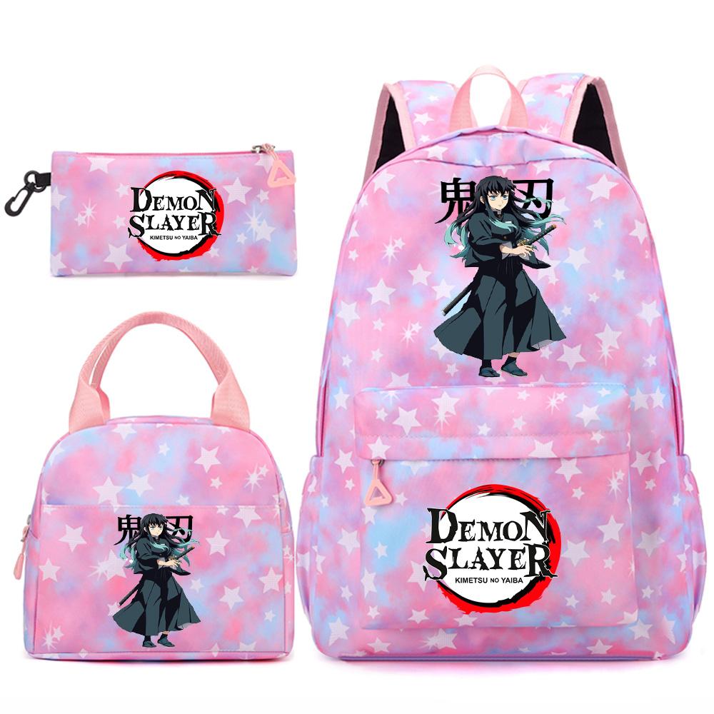 3 st/set Tecknad Demon Slayer Tryckt Ryggsäck Handväska Pennskrin för Tonåring Student Flicka Pojke Skolväska Stor Kapacitet Vattentät Resväska Gåva