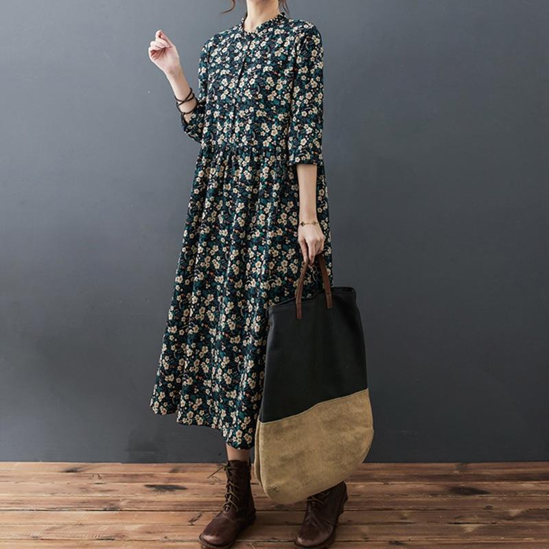 

Весна и осень 2025 новое корейское свободное платье из шифона с кружевным воротником и цветочным принтом, модное, удобное, с длинным рукавом, тренд 2XL зелёный