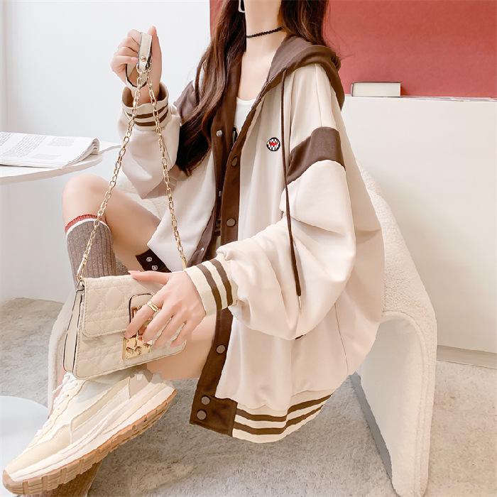 

Женское худи на молнии в корейском стиле с цветными блоками - Свободный крой, Весна/Осень. M абрикосовый