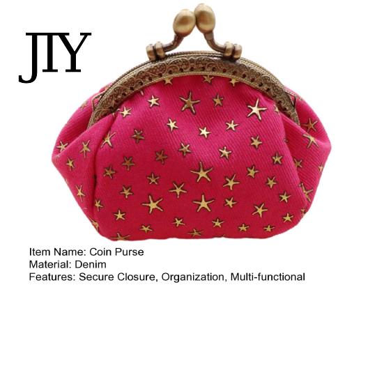 Small Wallet Five-Pointed Star Coin Purse, Mini Kiss-Lock Change Card Holder Vintage Denim Trinket Pouch for Women Ladies Money Bag