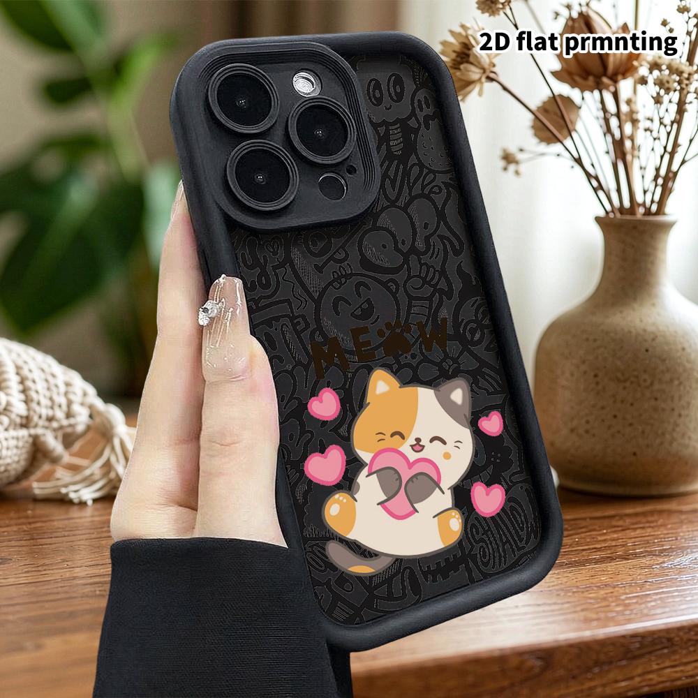 Phone case: 2D flat design suitable for iPhone 18 17 16 15 14 13 Pro tiered protective case, little heart cat, Christmas and Halloween gifts