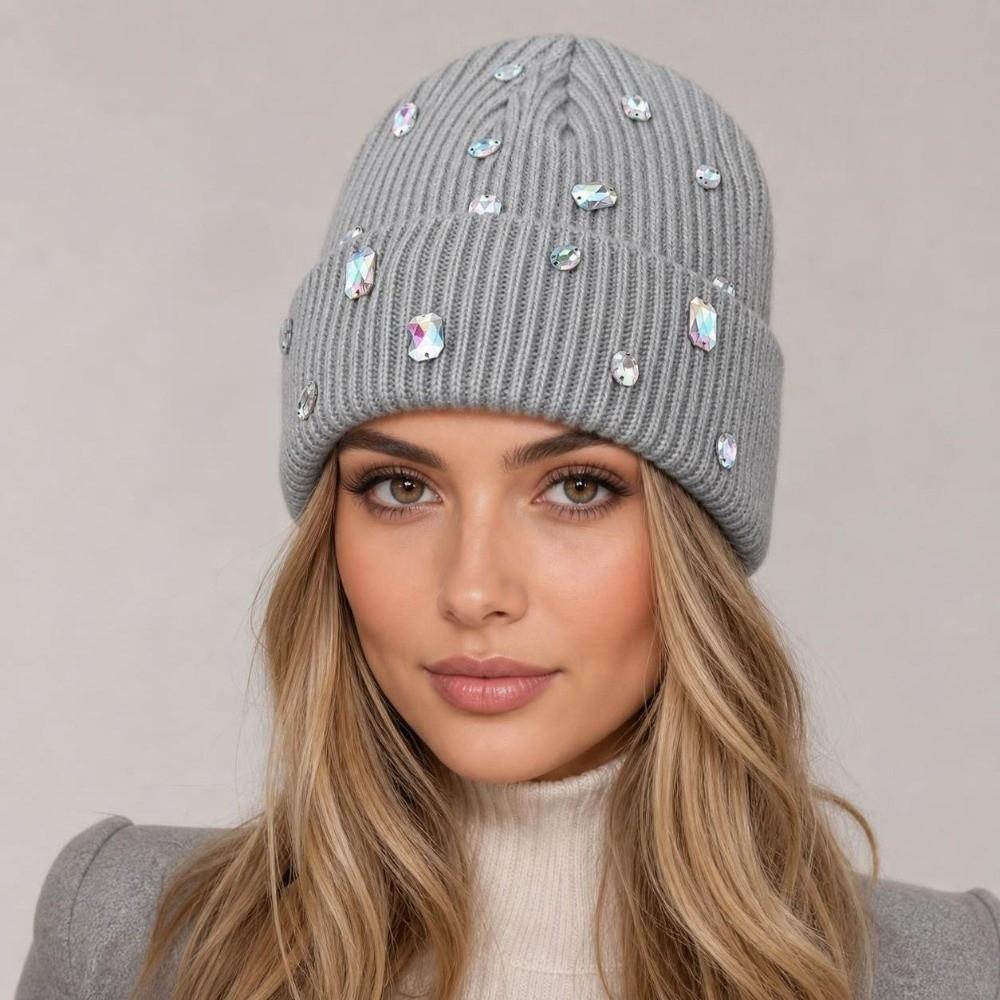Rhinestone-embellished Pullover Knit Cap Solid Color Skull Cap Rhinestone-adorned Hat Winter