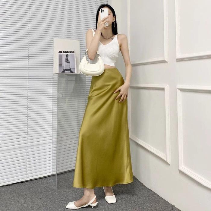 Enhanced Autumn High-Waisted Slimming Midi Skirt for Women in Acetate Satin Fabric. Please view the product before ordering.