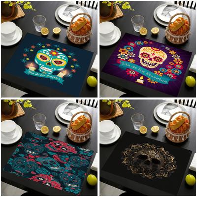 4/6/8Pcs Mexican Day of The Dead Skull Linen Placemat Skull Placemats Table Decor Sugar Skull Band of Musician Festival Decor
