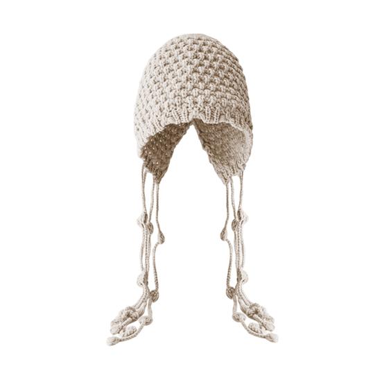 Women Crochet Slouchy Skull Cap with Tassel Handwoven Textured Knit Hat Ethnic Style Fringed Hat for Autumn Winter