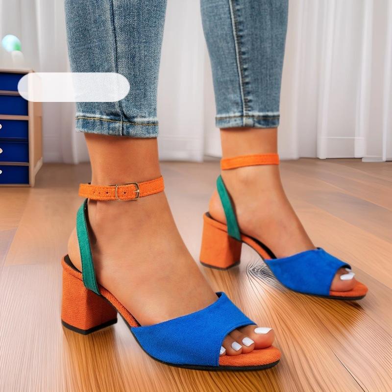 Summer new foreign trade large size women's high-heeled sandals color matching thick heel hollow fish mouth sandals