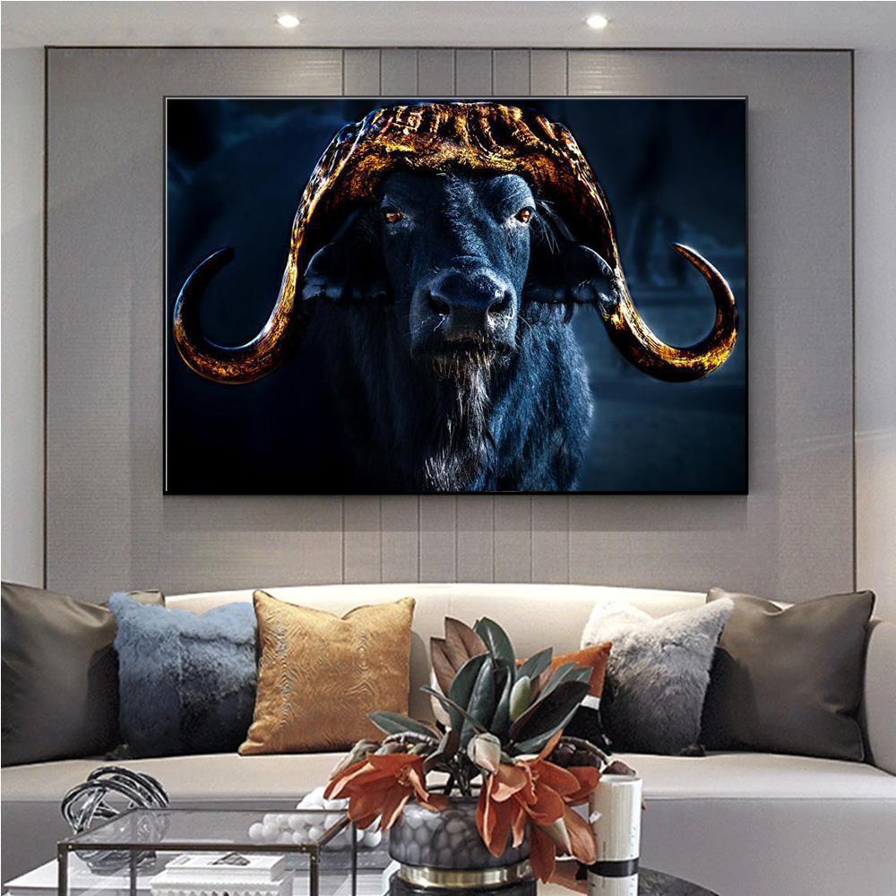 Gold Big Horned Animal On Black Background Prints Poster Canvas Painting Modern Wall Art Pictures Living Room Bedroom Home Decor